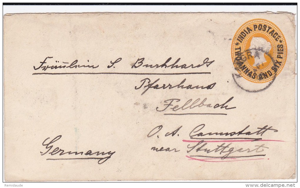 INDIA - 1893 - ENVELOPPE ENTIER POSTAL SURCHARGE De KANGRA Pour STUTTGART (GERMANY) - 1882-1901 Empire