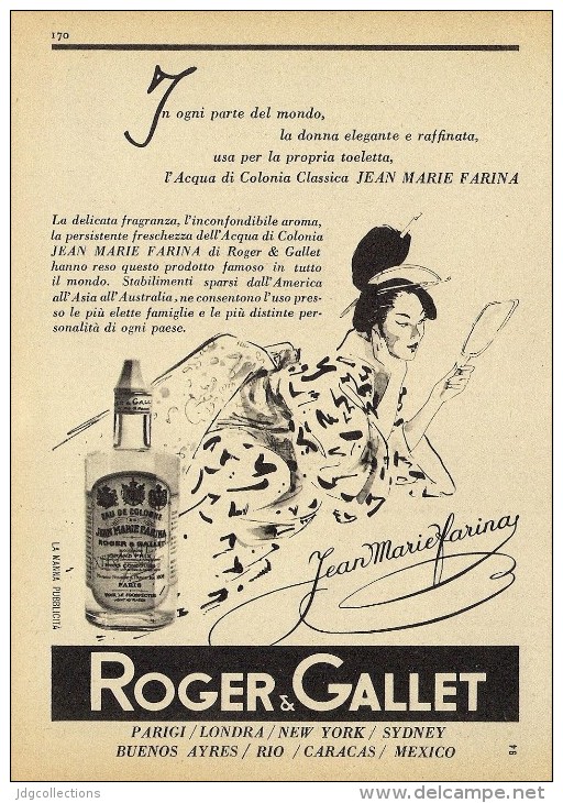 # ROGER & GALLET JEAN MARIE FARINA EAU DE COLOGNE 1950s Advert Pubblicità Publicitè Reklame Perfume Profumo Cosmetics - Zonder Classificatie