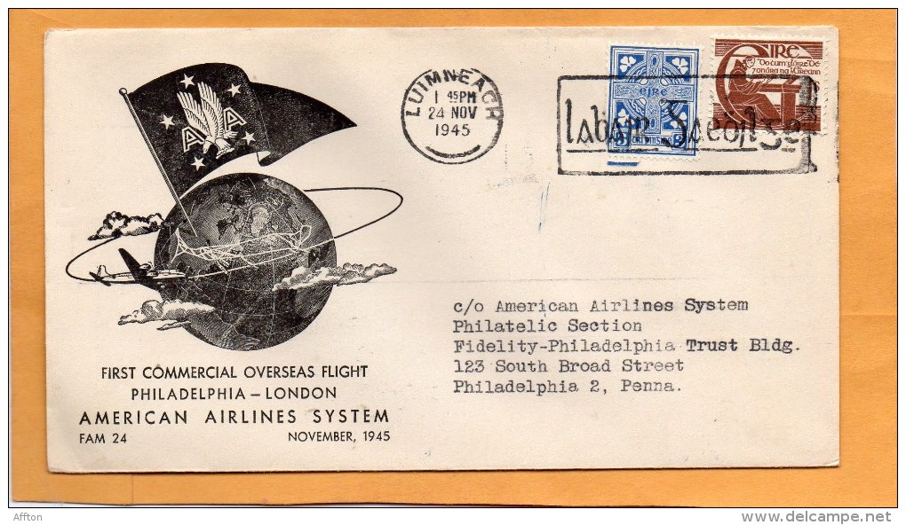 Ireland First Flight Chicago London American Airlines System 1945 Air Mail Cover - Poste Aérienne