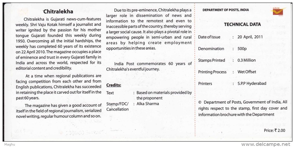 Stamped Information On Chitralekha, Jounalism,  Humour Coloumn, India 2011 - Covers & Documents