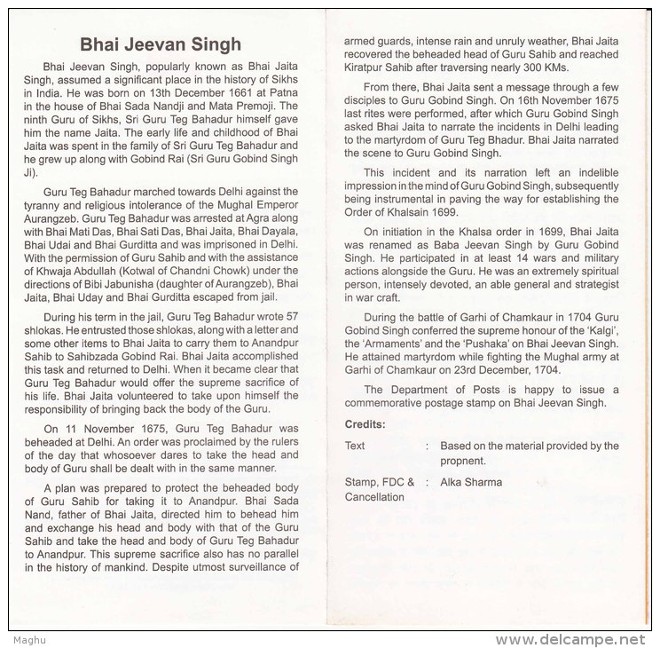 Stamped Information On Bhai Jeevan Singh, Sikh Religion, India 2010 - Covers & Documents