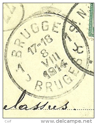 Kaart Met Stempel ST-NICOLAS Op 8/8/1914 Met Als Aankomst BRUGGE / BRUGES 1J Op 8/8/14 (Offensief W.O.I.) - Zona Non Occupata