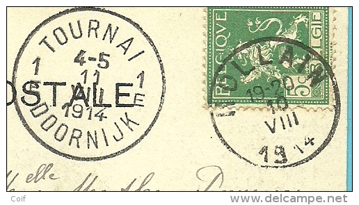 110 Op Kaart Met Stempel HOLLAIN Op 10/8/1914 Met Als Aankomst TOURNAI / DOORNIJK Op 11/8/14 (Offensief W.O.I.) - Niet-bezet Gebied