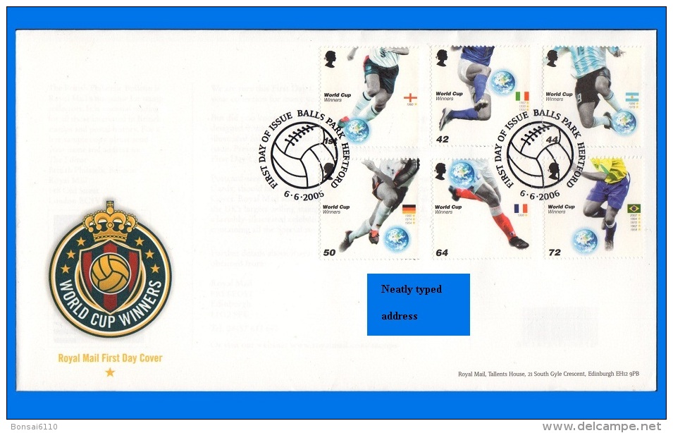 GB 2006-0009, World Cup Winners FDC, Hertford SHS - 2001-2010 Em. Décimales