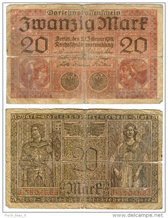 Banknote Darlehenskassenschein 20 Mark 1918 Note Geldschein Deutsches Reich Geld Germany Kaiserreich Papiergeld - 20 Mark