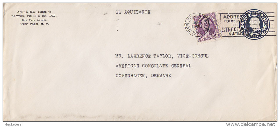 United States Uprated Postal Stationery Ganzsache Entier DAYTON PRICE & Co., NEW YORK 1936 S.S. "AQUITANIA" Shipsmail - 1921-40