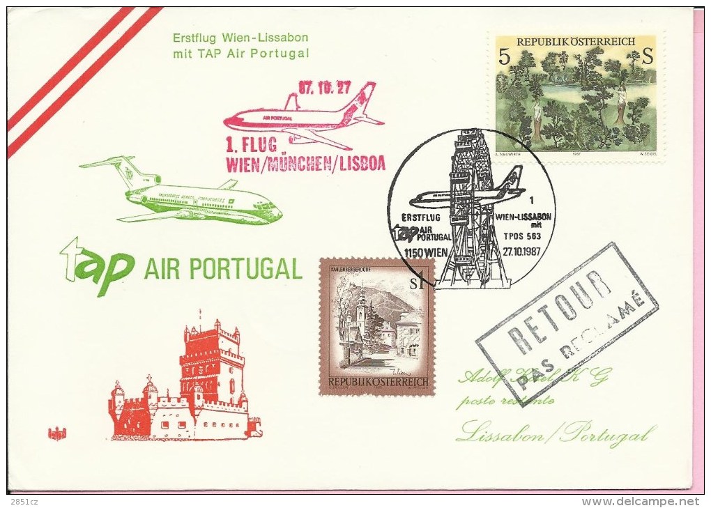 First Flight - Wien / Munchen / Lisboa, 27.10.1987., Austria, Cover - Primeros Vuelos