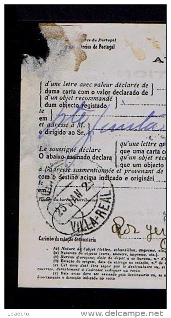 RARE AVISO DE RECEPÇÃO Stamped ( Ceres 15c.x2 Black ) Mod.nº95 VILA REAL 22-01-1929 SERVICE DES POSTES Portugal Gc1433 - Lettres & Documents