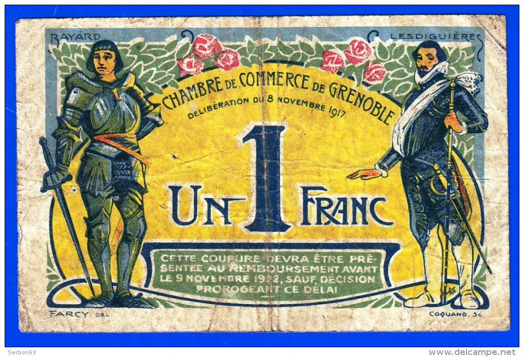 BON - BILLET - MONNAIE - CHAMBRE DE COMMERCE DE GRENOBLE UN FRANC ISERE 38 DU 08 NOVEMBRE 1917 SERIE 46 N° 044882 - Cámara De Comercio