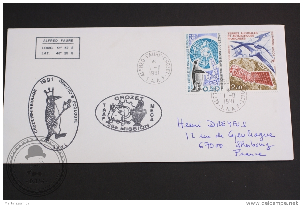 August 1, 1991 Cover - Alfred Faure, Crozet Hivernage Ornitho Ecologie, Penguins - Antarctic Postmarks - Onderzoeksprogramma's