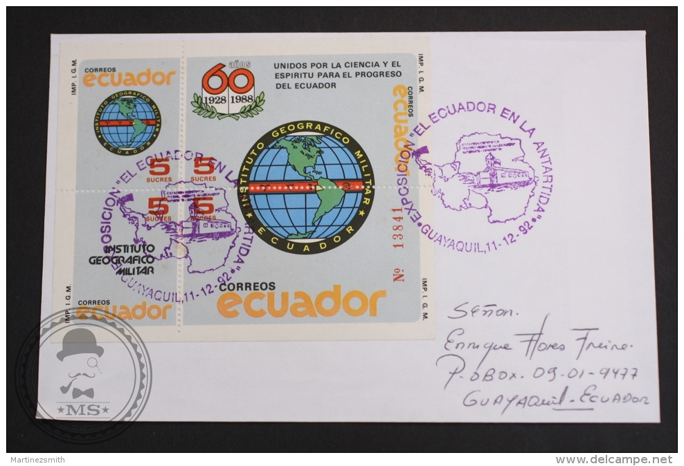 December 11, 1992 Cover - El Ecuador En La Antartida, Guayaquil - Ecuador Post Miniature Sheet - Forschungsprogramme