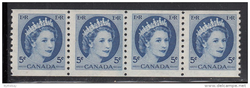 Canada MNH Scott #348i Jump Strip Of 4 5c Queen Elizabeth II, Wilding - Right Stamp Creased - Roulettes