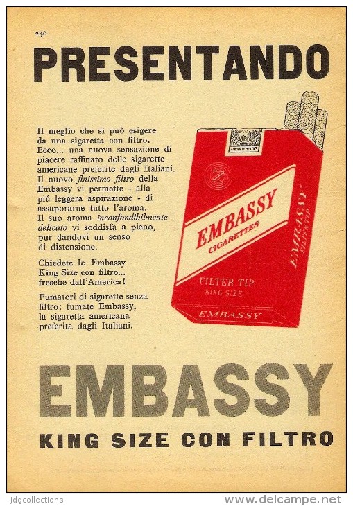 # EMBASSY CIGARETTES U.S.A. 1950s Advert Pubblicità Publicitè Reklame Sigarette Cigarrillos Zigaretten Tabak - Other & Unclassified