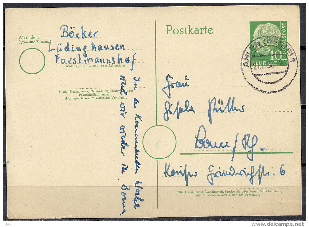 Deutschland Ganzsache 1955 Michel Nr. P 26 10 Pf. Heuss Ahlen 1956 P26 - Postkarten - Gebraucht