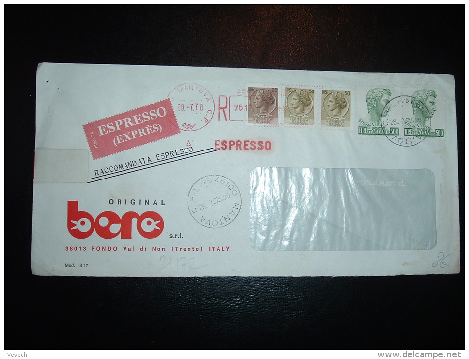 LETTRE EXPRESS POUR LA FRANCE TP 500L X2 + 50L X2 + 20L + MACHINE ROUGE R EXPRESSO 28-7-78 MANTOVA + CACHET IDEM + BORO - Poste Exprèsse/pneumatique