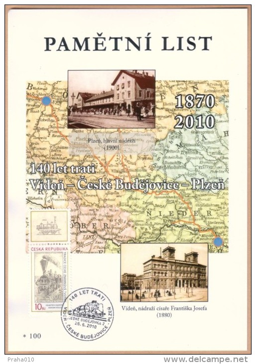 Czech Rep. / Commemorative Sheet (PaL 2010/02) Ceske Budejovice 2: 140 Years Railway Line Vienna-Czech Budejovice-Plzen - Blocks & Sheetlets