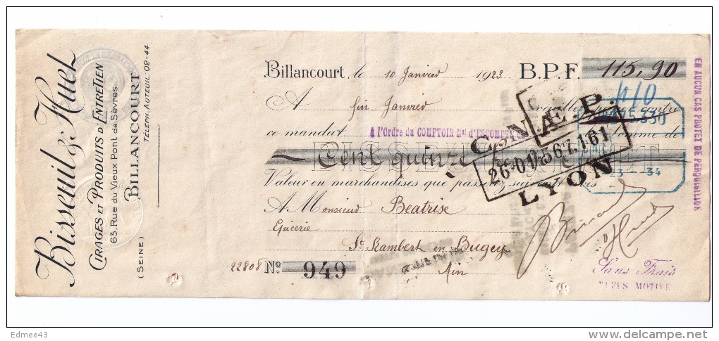 Facture 1921 Et Mandat Timbré Correspondant, Bisseuil & Huet, Cirages, Produits D´entretien, Billancourt (Seine) - Perfumería & Droguería