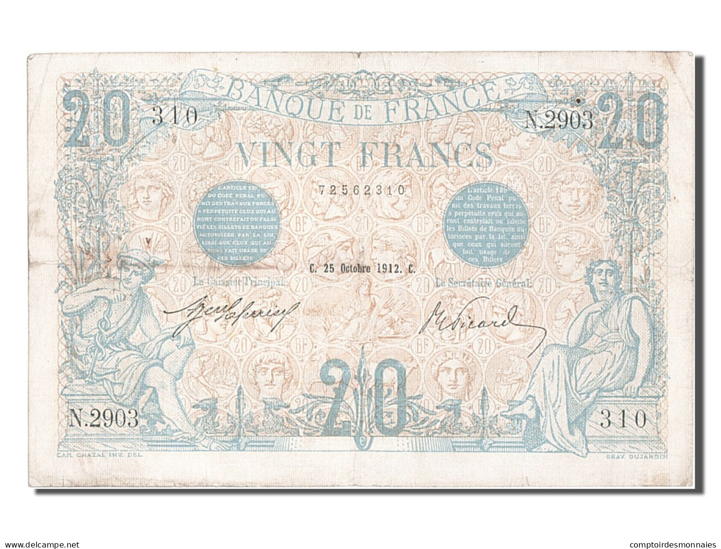 Billet, France, 20 Francs, 20 F 1905-1913 ''Bleu'', 1912, 1912-10-25, TTB - 20 F 1905-1913 ''Bleu''