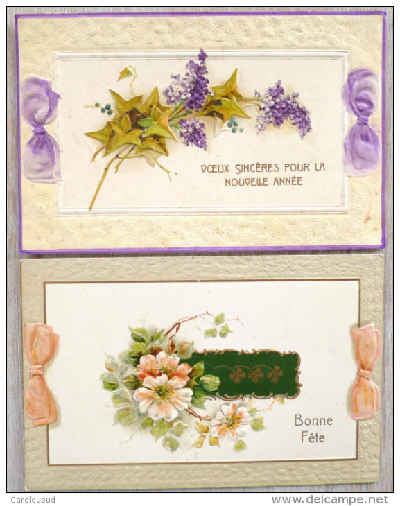 CPA LOT 2X Chromo Relief Art Nouveau AOL A.O.L. 556 Voeux Fete Fleur Lilas Eglantier Cadre Noeud Voyagé 1909  Timbre - Collezioni E Lotti