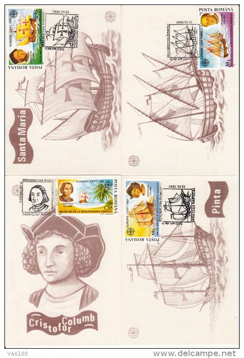 CHRISTOPHER COLUMBUS, SANTA MARIA SHIP, EUROPA CEPT, AMERICA, CM, MAXICARD, CARTES MAXIMUM, 4X, 1992, ROMANIA - Christopher Columbus