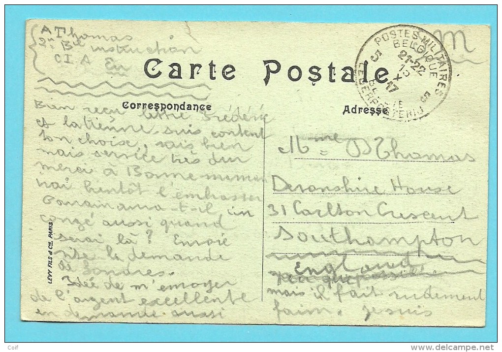 Kaart  Van "C.I. A Eu" (Camp D´instruction) Met Stempel Postes Militaires Belgique 5 Op 15/10/1917 - Marques D'armées
