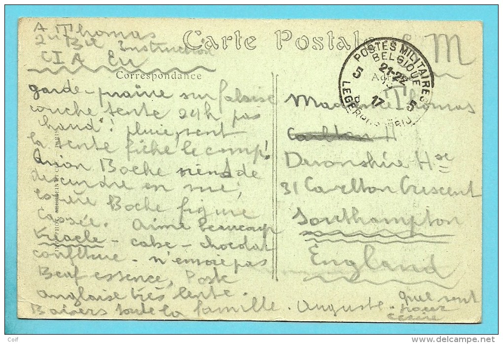 Kaart (LE TREPORT) Van "C.I. A Eu" (Camp D´instruction) Met Stempel Postes Militaires Belgique 5 (1917) - Army