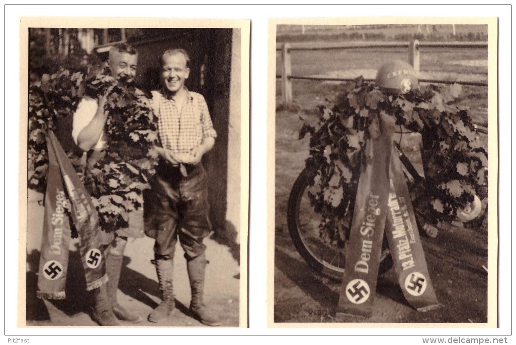 2 Fotos , Sieger Bahnrennen In Herxheim , 8.8.1937 , Motorradrennen , Motorrad , Grasbahn , Sandbahn , Speedway , Moto ! - Motos