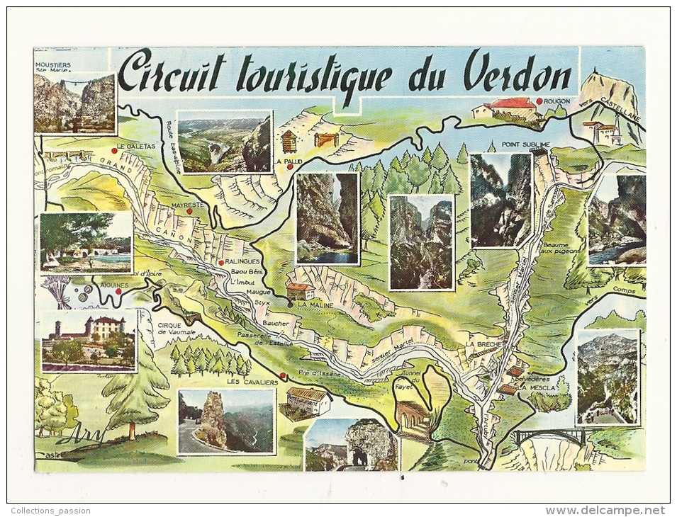 Cp, Carte Géographique, Circuit Touristique Des  Gorges Du Verdon - Carte Geografiche