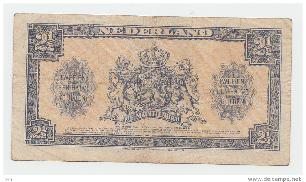 Netherlands 2 1/2 Gulden 1945 VF Banknote P 71 - 2 1/2 Gulden