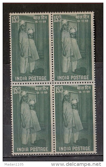 INDIA, 1959,  Childrens Day, Children's, Boys Waiting For Admission To Children's Home,  Block Of 4, MNH, (**) - Nuevos