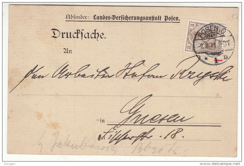 POLAND / GERMAN ANNEXATION 1911  POSTCARD  SENT FROM  POZNAN TO GNIEZNO - Covers & Documents