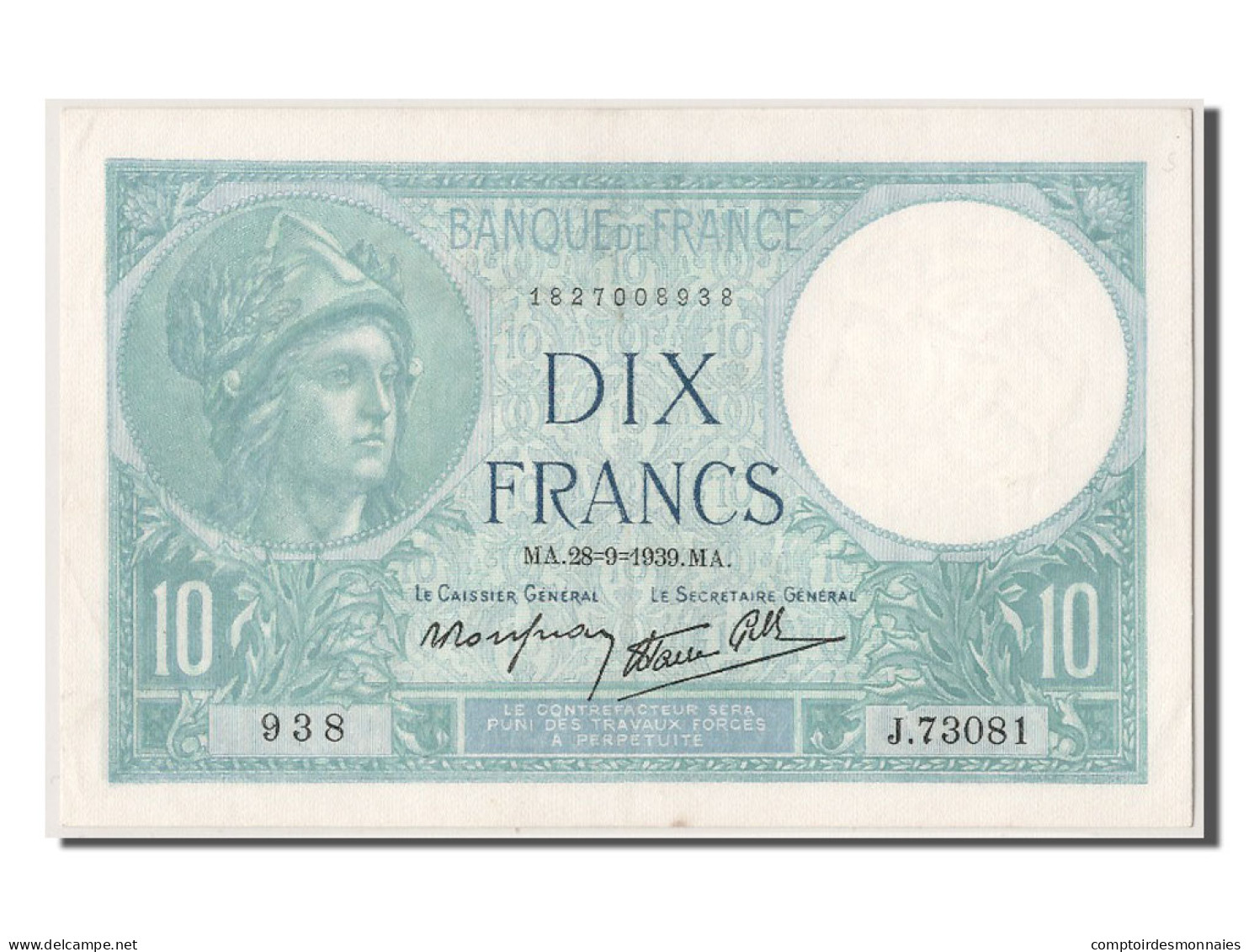 Billet, France, 10 Francs, 10 F 1916-1942 ''Minerve'', 1939, 1939-09-28, SUP+ - 10 F 1916-1942 ''Minerve''