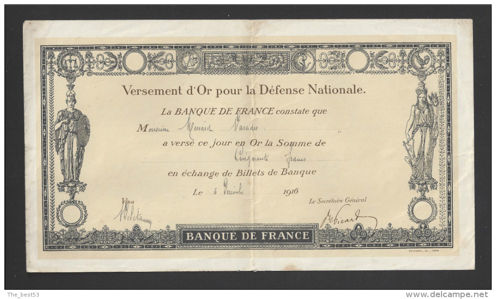 Versement D'Or Pour La Défense National  -  50 Francs OR  -  6/12/1916  -  Monsieur Ménard à  Varades  (44) - Andere & Zonder Classificatie