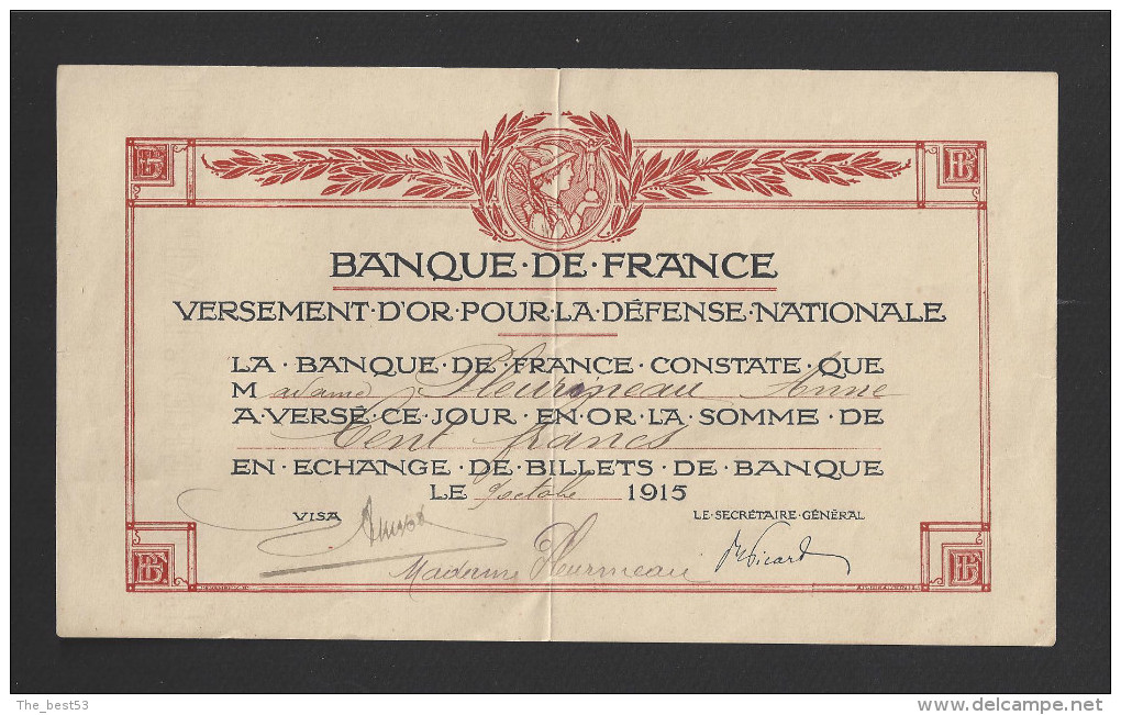 Versement D´Or Pour La Défense National  -  100 Francs OR  -  9/10/1915  -  Madame Pleurmeau - Andere & Zonder Classificatie