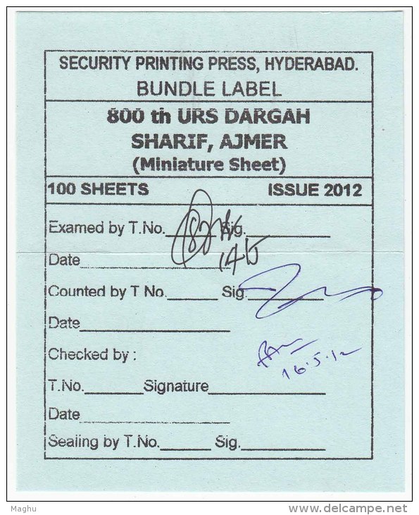 Security Printing Press Packing Slip Of Minature Sheet 800th URS Of Dargah Sharif, Ajmer, Islam Religion - Islam
