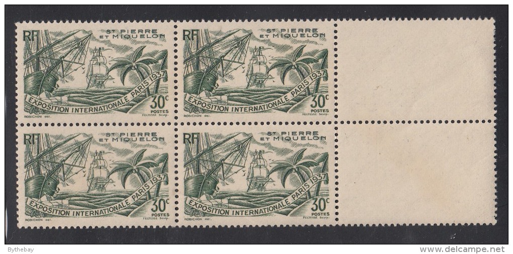 St Pierre Et Miquelon 1937 MNH Sc 166 30c Sailing Ships Paris Int'l Exposition Center Tabs Block - Ungebraucht