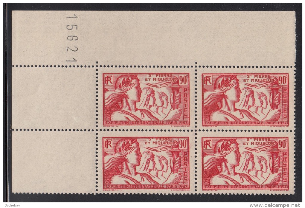St Pierre Et Miquelon 1937 MNH Sc 169 90c Paris International Exposition UL Corner Block - Unused Stamps