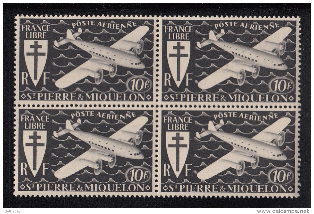 St Pierre Et Miquelon 1942 MNH Sc C4 Block Of 4 10fr Airplane, Black - Nuovi