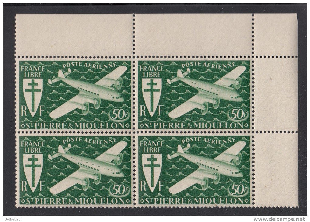 St Pierre Et Miquelon 1942 MNH Sc C6 Corner Block Of 4 50fr Airplane, Dark Green - Nuovi