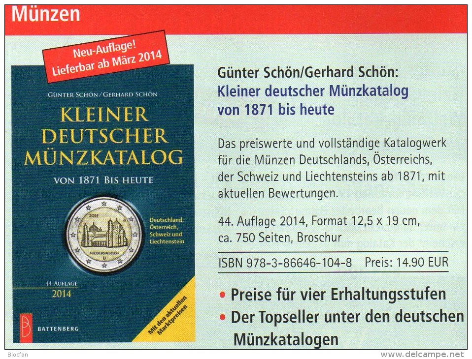 Schön Kleiner Münz Katalog Deutschland 2014 Neu 15€ Numisblatt+Briefe Catalog Of Austria Helvetia Liechtenstein Germany - Tematica