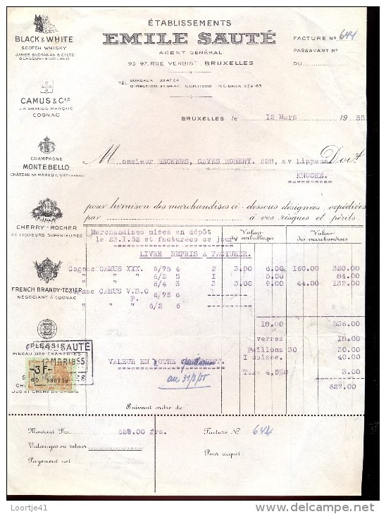 Factuur Facture Brief Lettre  - Vins Wijn Emile Sauté - Bruxelles 1955 - Food