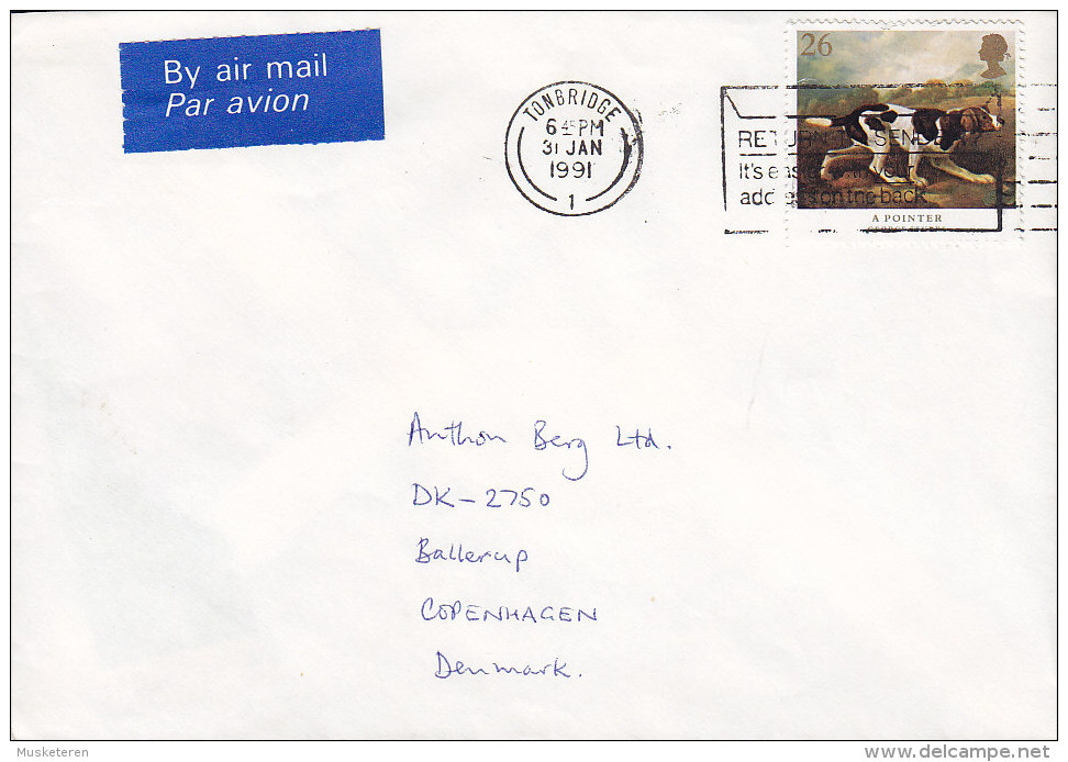 Great Britain By Airmail Par Avion Label TONBRIDGE 1991 Cover To BALLERUP Denmark Dog Hund Chien (Pointer) Stamp - Lettres & Documents