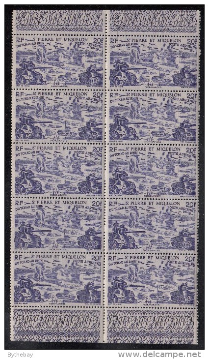 St Pierre Et Miquelon 1946 MH Sc C12 Block Of 10 20fr Chad To Rhine Issue Variety - Blocks & Sheetlets