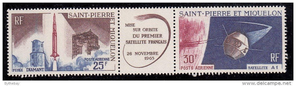 St Pierre Et Miquelon 1966 MNH Sc C31a Pair With Centre Label French Satellite A-1 - Nuovi