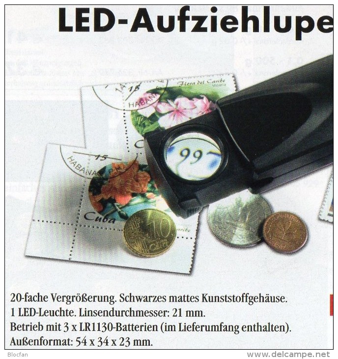 Lupe 20x Vergrößerung LED-Licht Aufzieh-Lupen Neu 10&euro; Prüfen Von Briefmarken Münzen Paper Money LEUCHTTURM In Black - Stamp Tongs, Magnifiers And Microscopes