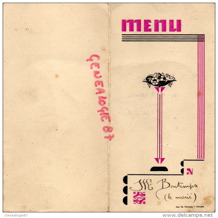 87 - LIMOGES - MENU HOTEL DE L' AEROPORT - G. DESBORDES - 8 JANVIER 1938- M. BONTEMPS- IMPRIMERIE TOURNIER - Menus