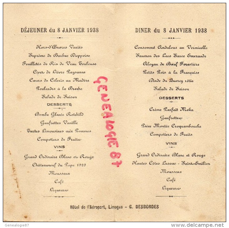 87 - LIMOGES - MENU HOTEL DE L' AEROPORT - G. DESBORDES - 8 JANVIER 1938- M. BONTEMPS- IMPRIMERIE TOURNIER - Menus