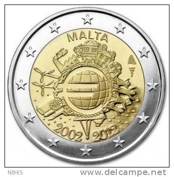 MALTA  2 EURO COMMEMORATIVI 2012 10º ANNIVERSARIO INTRODUZIONE IN CIRCOLAZIONE MONETE EURO  FDC Da  ROTOLINO - Malta