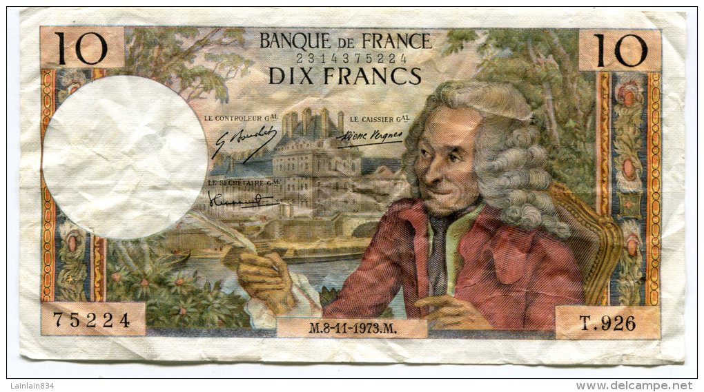 - Billet De 10 F, Voltaire, 1973, M 8-11-1973, T; 926, Froissé, Pas De Coupure,  Scans. - 10 F 1963-1973 ''Voltaire''