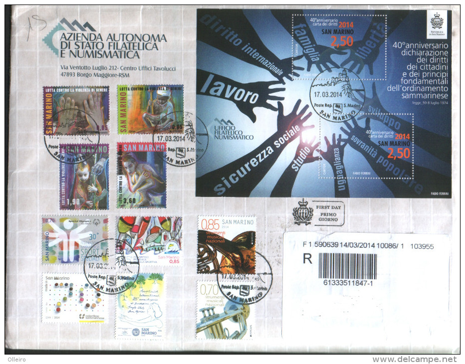 San Marino 2014 Busta FDC Con Emissioni 40 ONU Dichiarazione Diritti - Europa - Pesca Sportiva Etc Complete Set VFU - Gebraucht